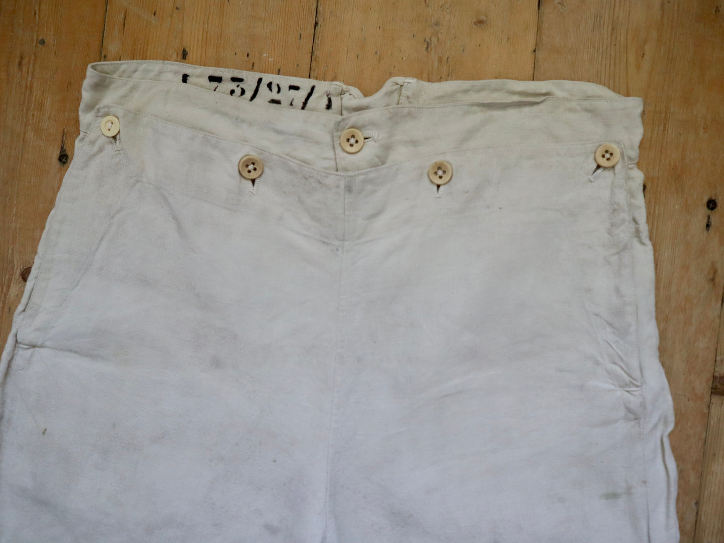 1920s French Linen Sailor Pants Trousers High Waist Bone Buttons Patina Paint