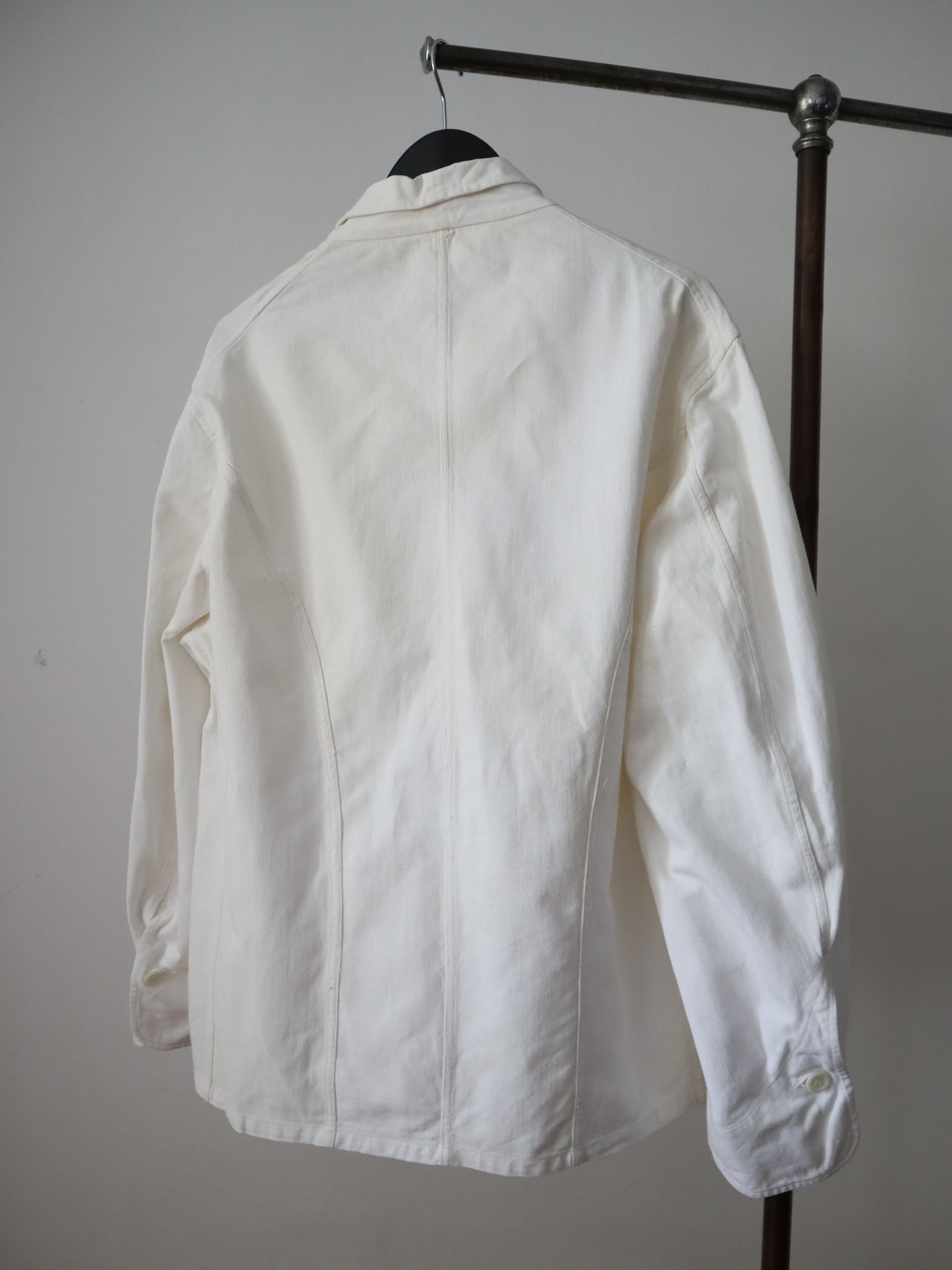 1940s 50s French Workwear Jacket Baker Double Breasted White Cotton Twill