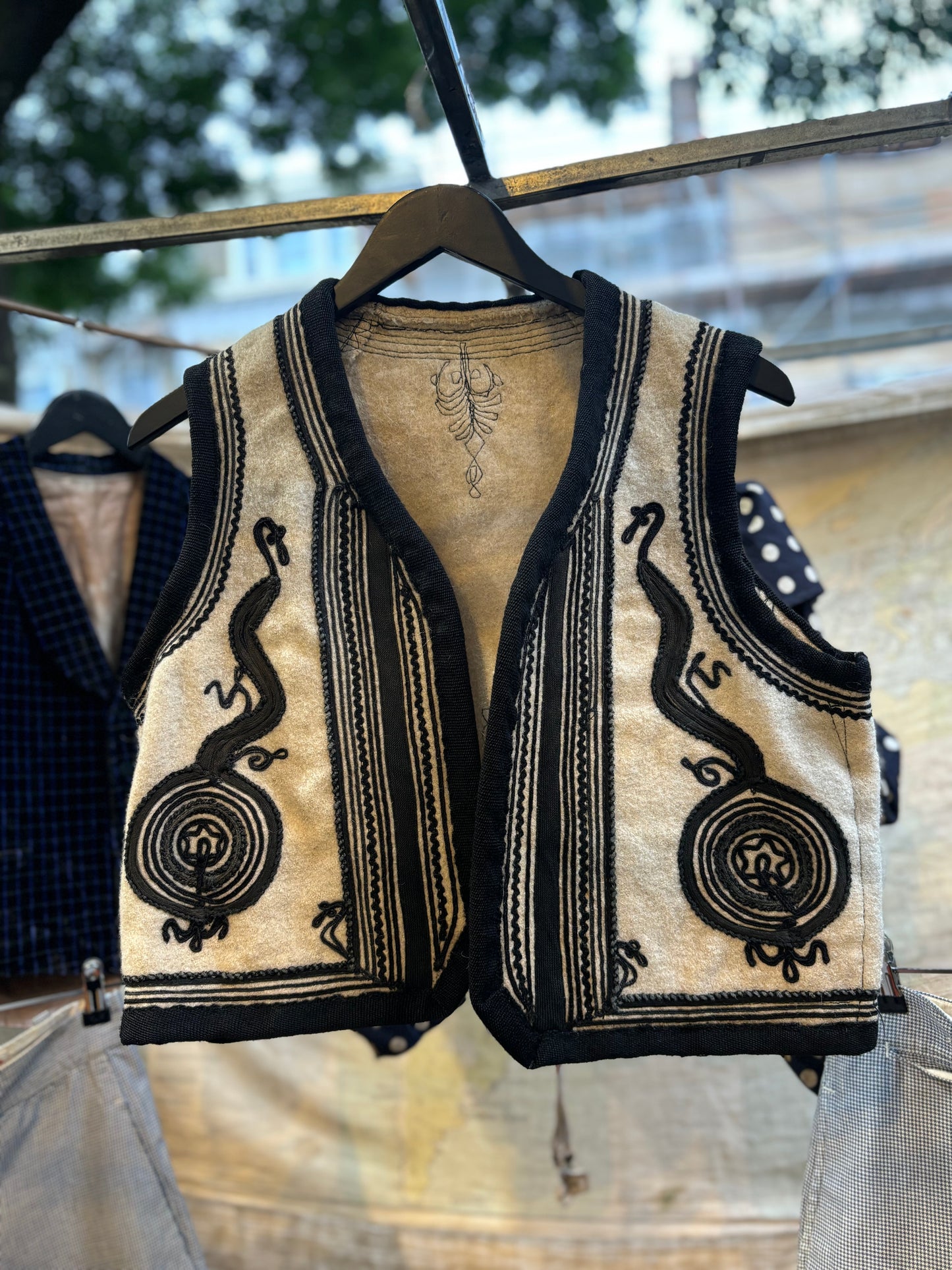 1930s Transylvanian Wool Waistcoat Gilet Vest Black Cream Traditional Folk Costume