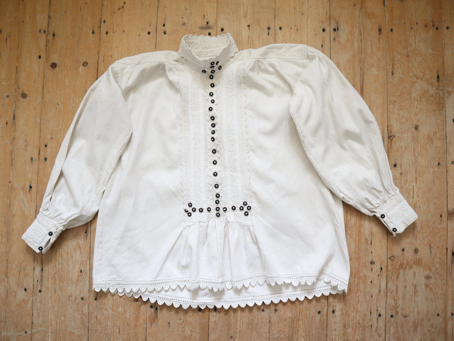 1930s Transylvanian Folk Blouse Shirt Black Glass Buttons Traditional Romanian Linen Eastern European