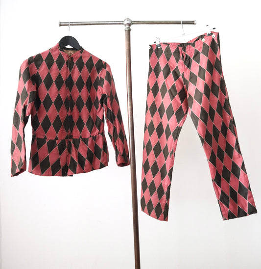 Antique French Harlequin Costume Pink Black Rose Floral Patchwork Lining Rare 1910s 1920s