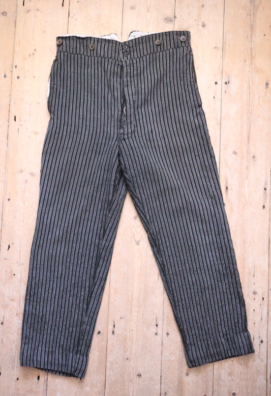 1940s French Grey Stripe Wool Trousers Cinch Buckle Back