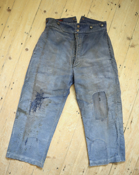 1950s French Le Salvetal Blue Moleskin Workwear Trousers Pants Repairs Darned Patched High Waist