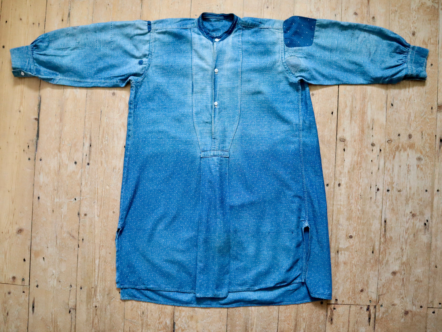 1920s French Blue Indigo Constellation Shirt Patched Repaired RARE Cotton Early Workwear Chore