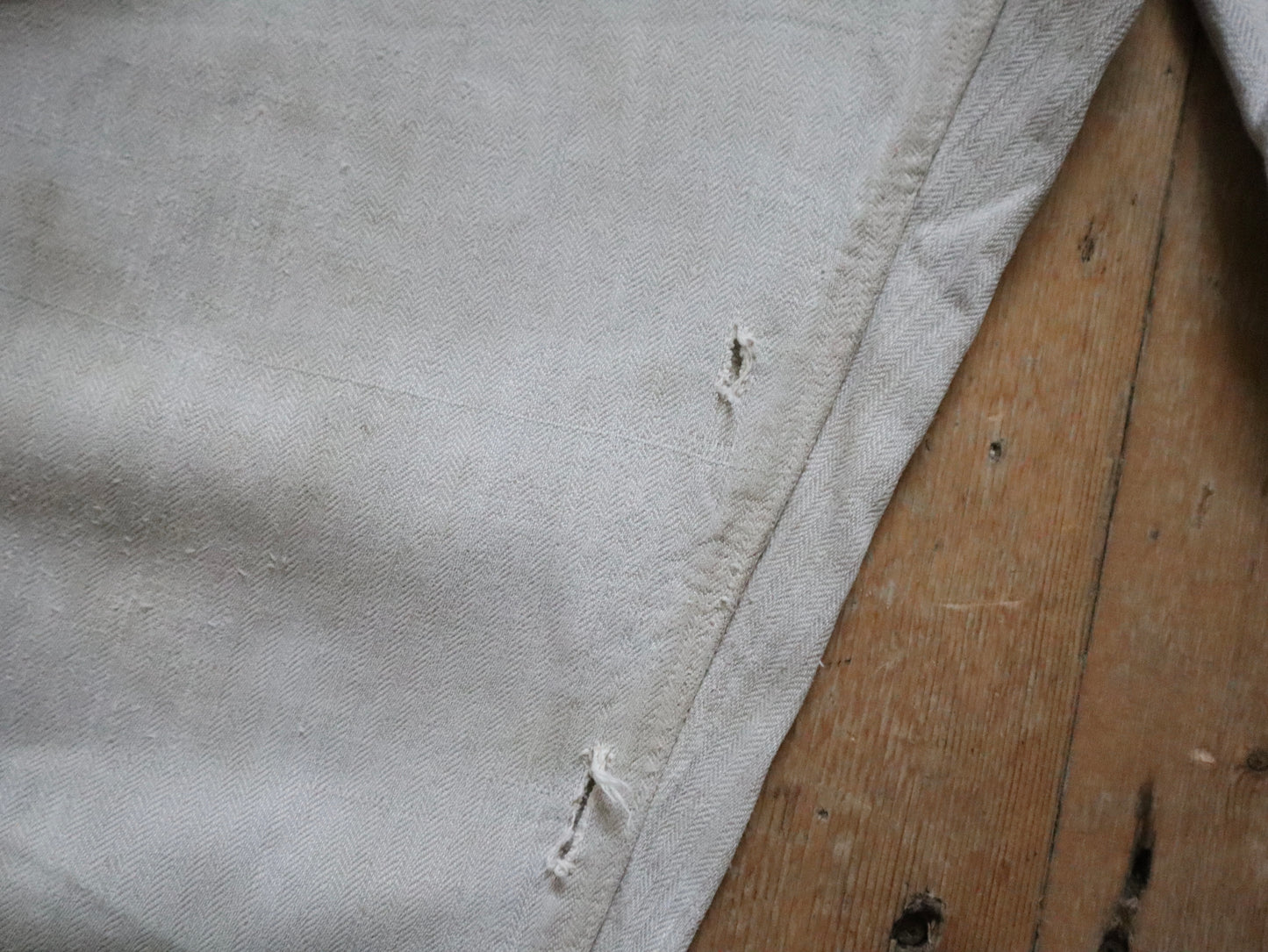 1920s French Herringbone Putty Linen Military Issue Trousers Pants Cinch Back