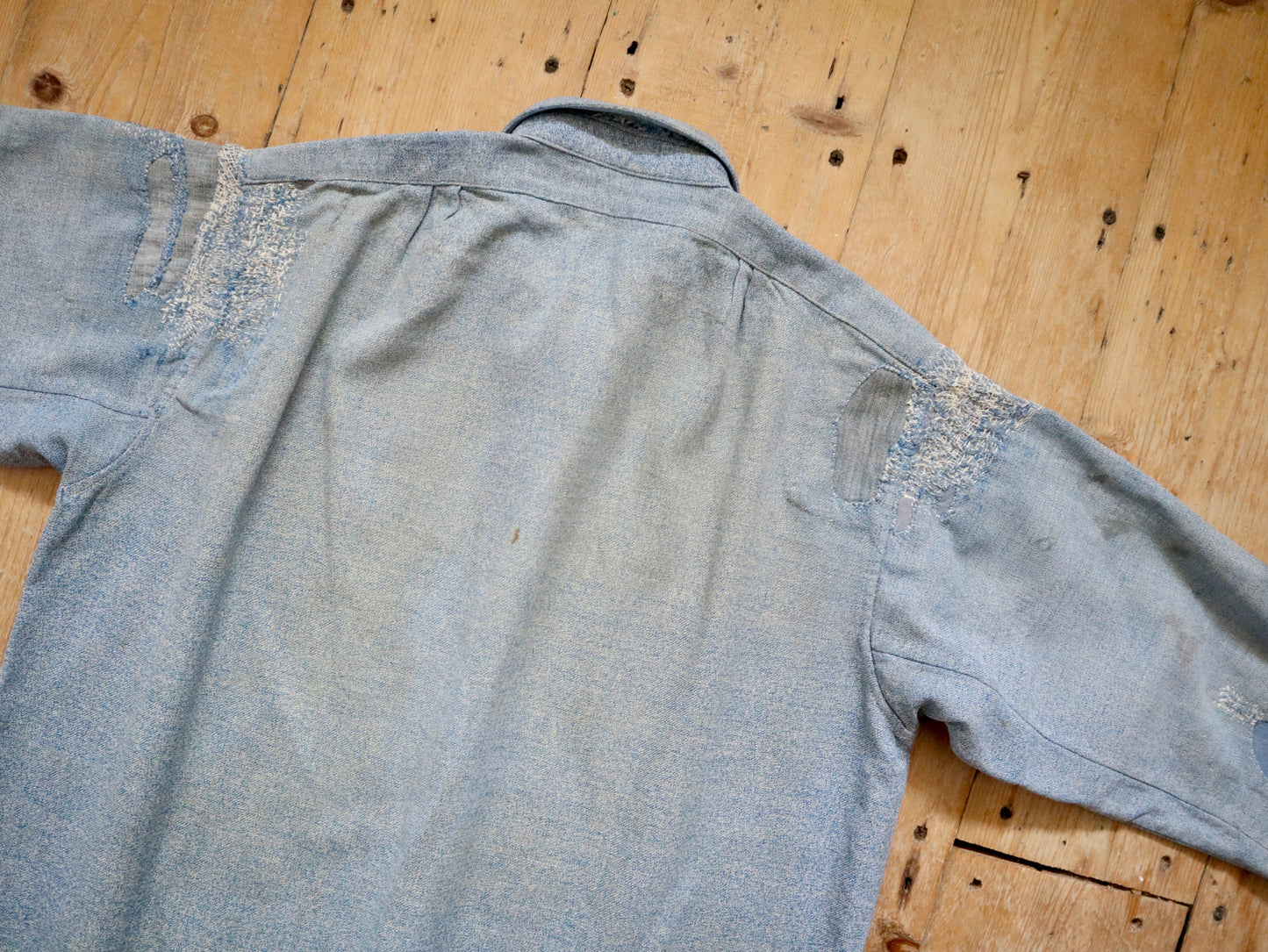 1930s - 40s French Blue Speckled Shirt Workwear Chore Darned Patched Repaired