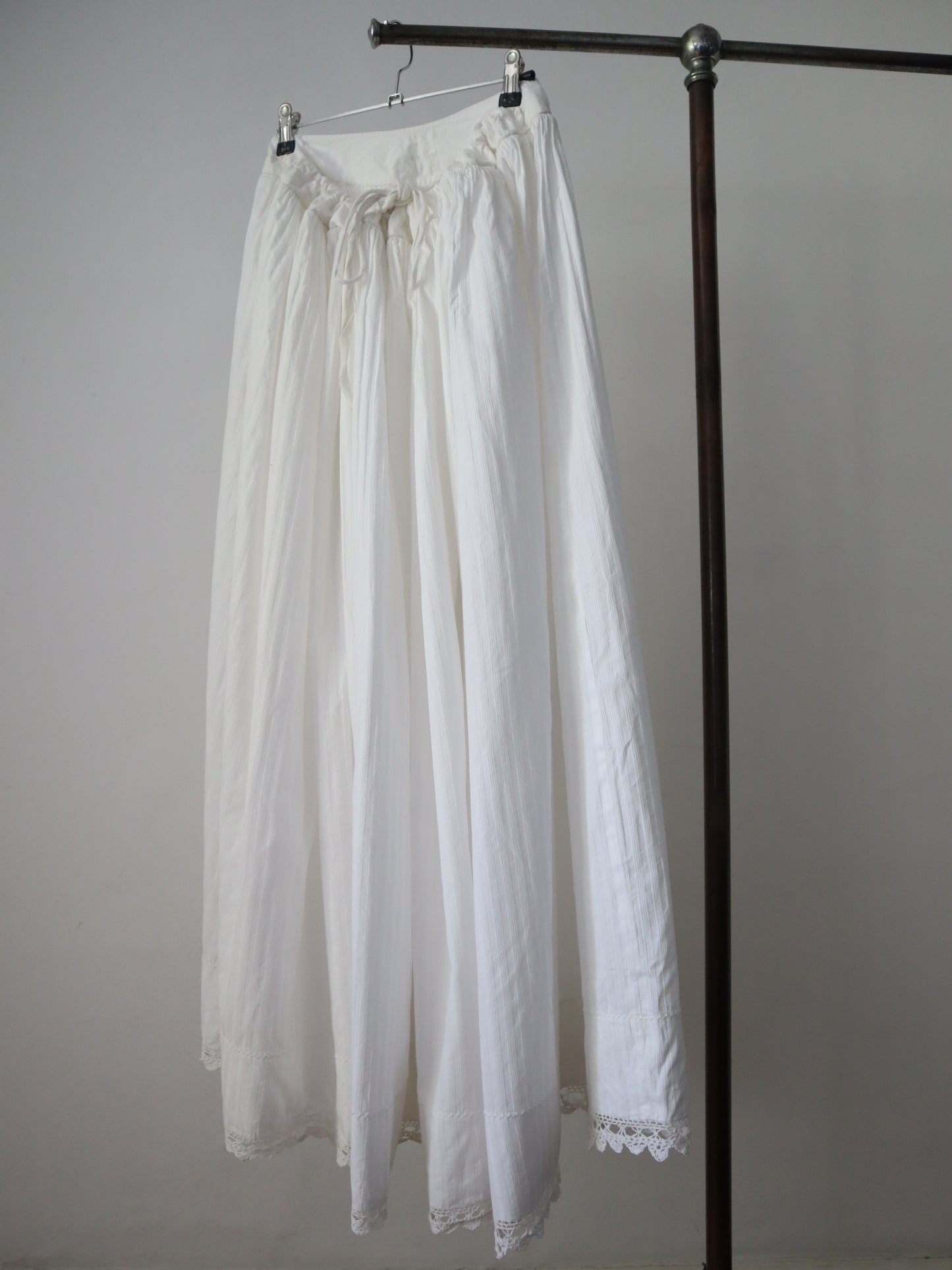 Antique French White Striped Cotton Skirt Petticoat Hem Drawstring Waist Crochet Lace Trim