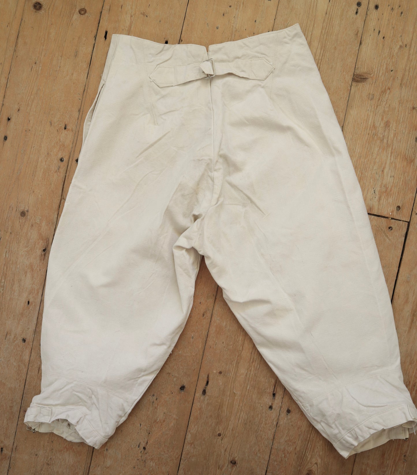 1920s French White Cotton Canvas Breeches Buckle Back Bone Buttons