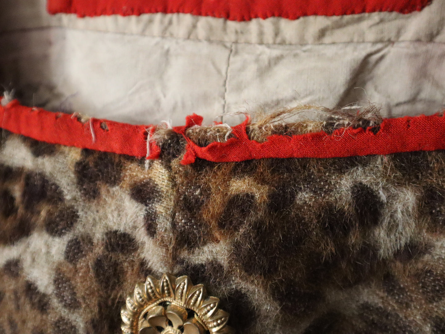 Antique early 1900s French Opera Theatre Costume Leopard pattern Woven Wool Red Trim Metal Plates