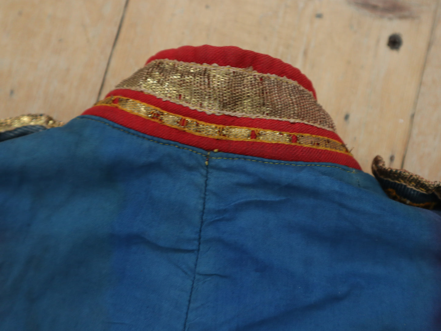 Antique French Theatre Costume 19th Century Military Style Indigo Blue Red Sun Fade Gold Ribbon Trim