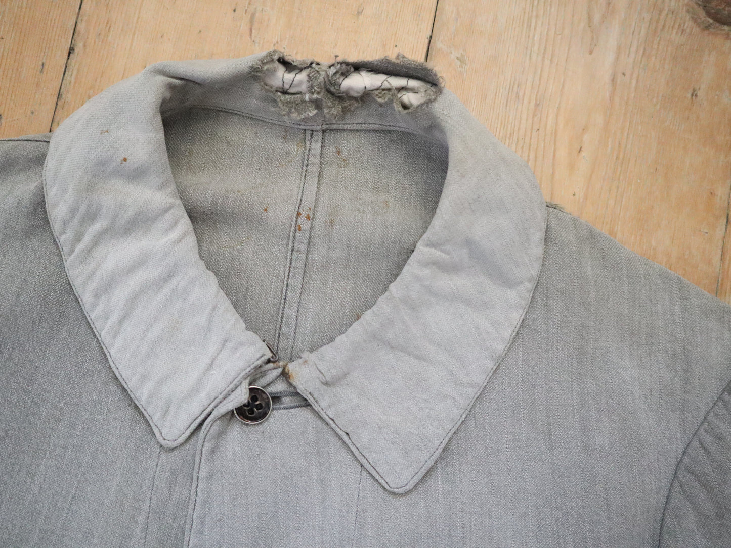 1930s French Grey Cotton Workwear Jacket Patched Repaired