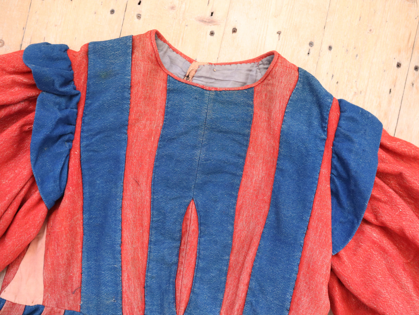 Antique French Theatre Costume Tunic Dress Renaissance Medieval Style Red Blue Stripes Yellow Bows Rare