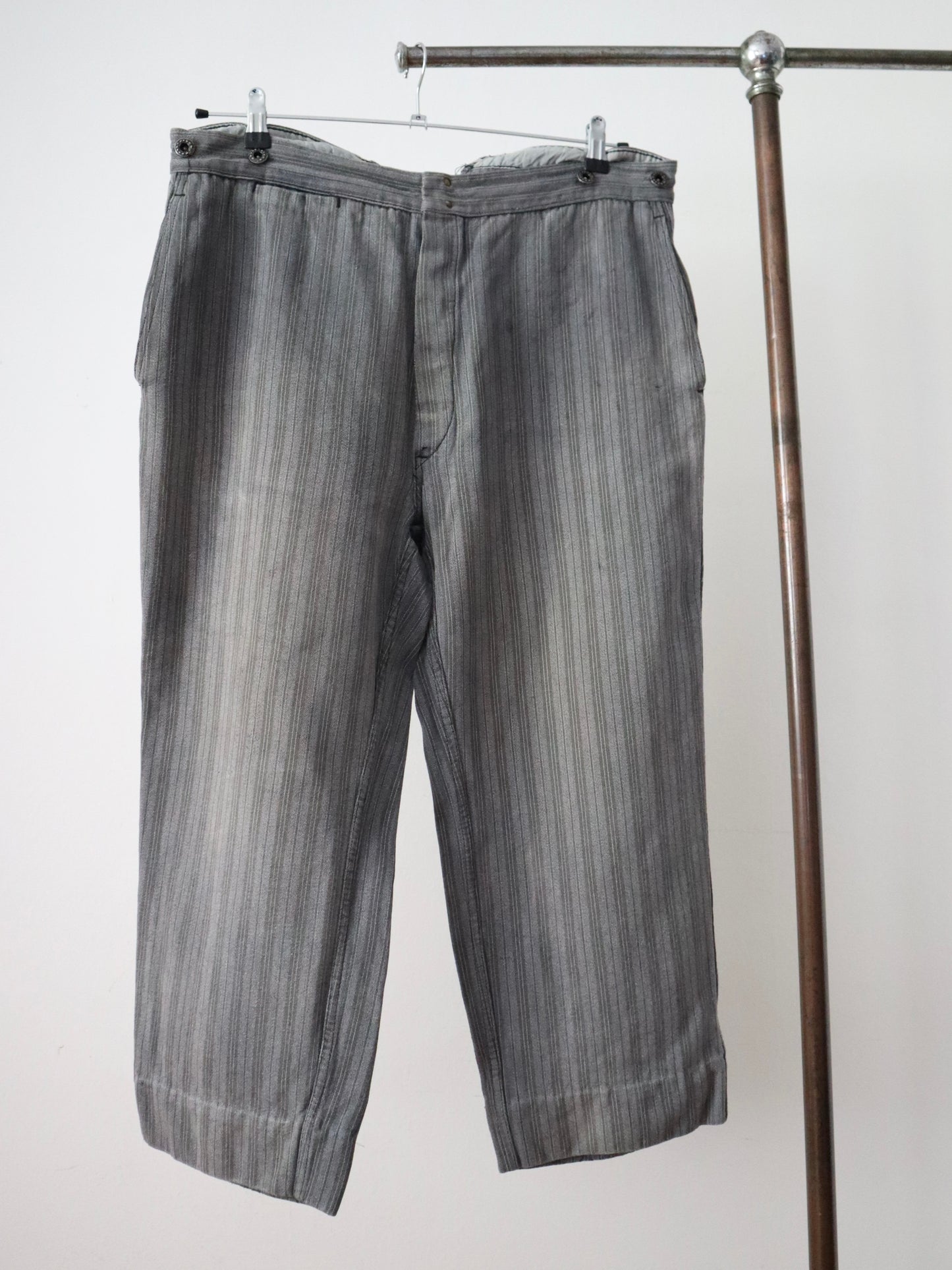 1950s French Grey Stripe Cotton Chore Pants Workwear Trousers Salt Pepper