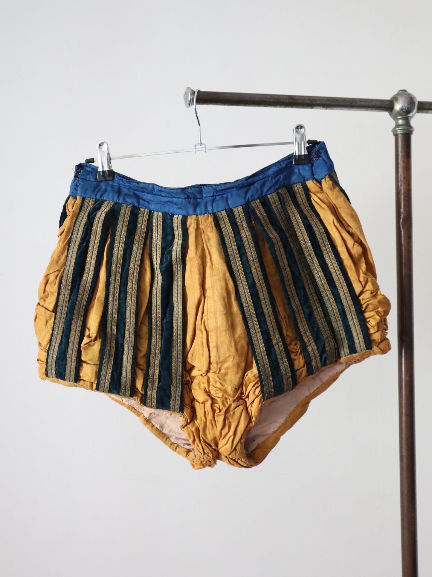 Antique French Renaissance style hose shorts, opera Theatre costume Yellow blue Stripe Gold Metal Ribbon Trim Early 1900s