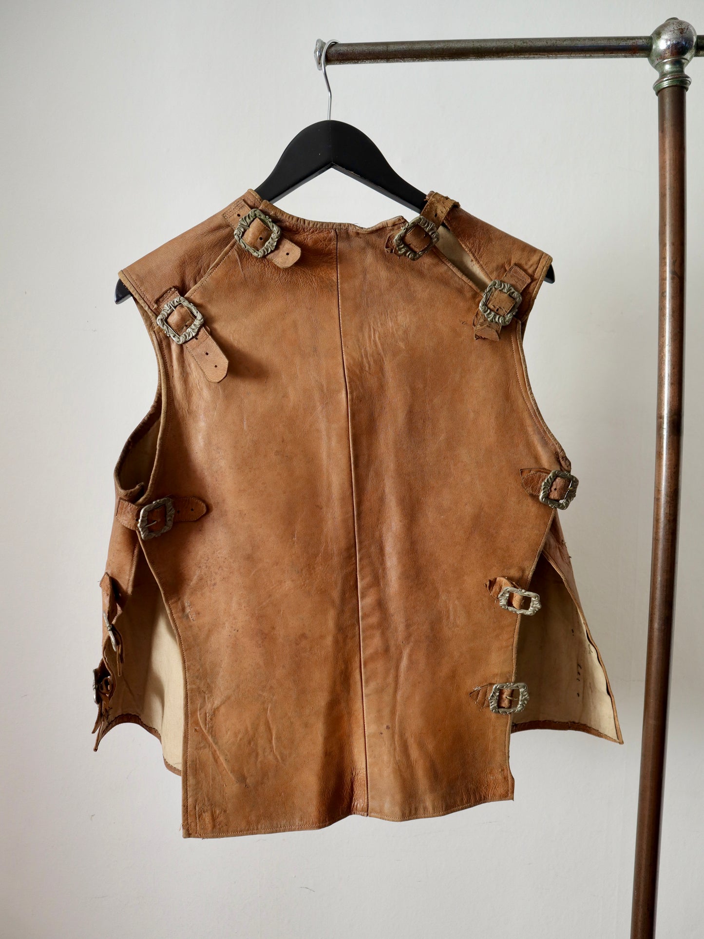 1910s French Tan Leather Gilet Tunic Buckles Patina Opera Theatre Costume BARABINO