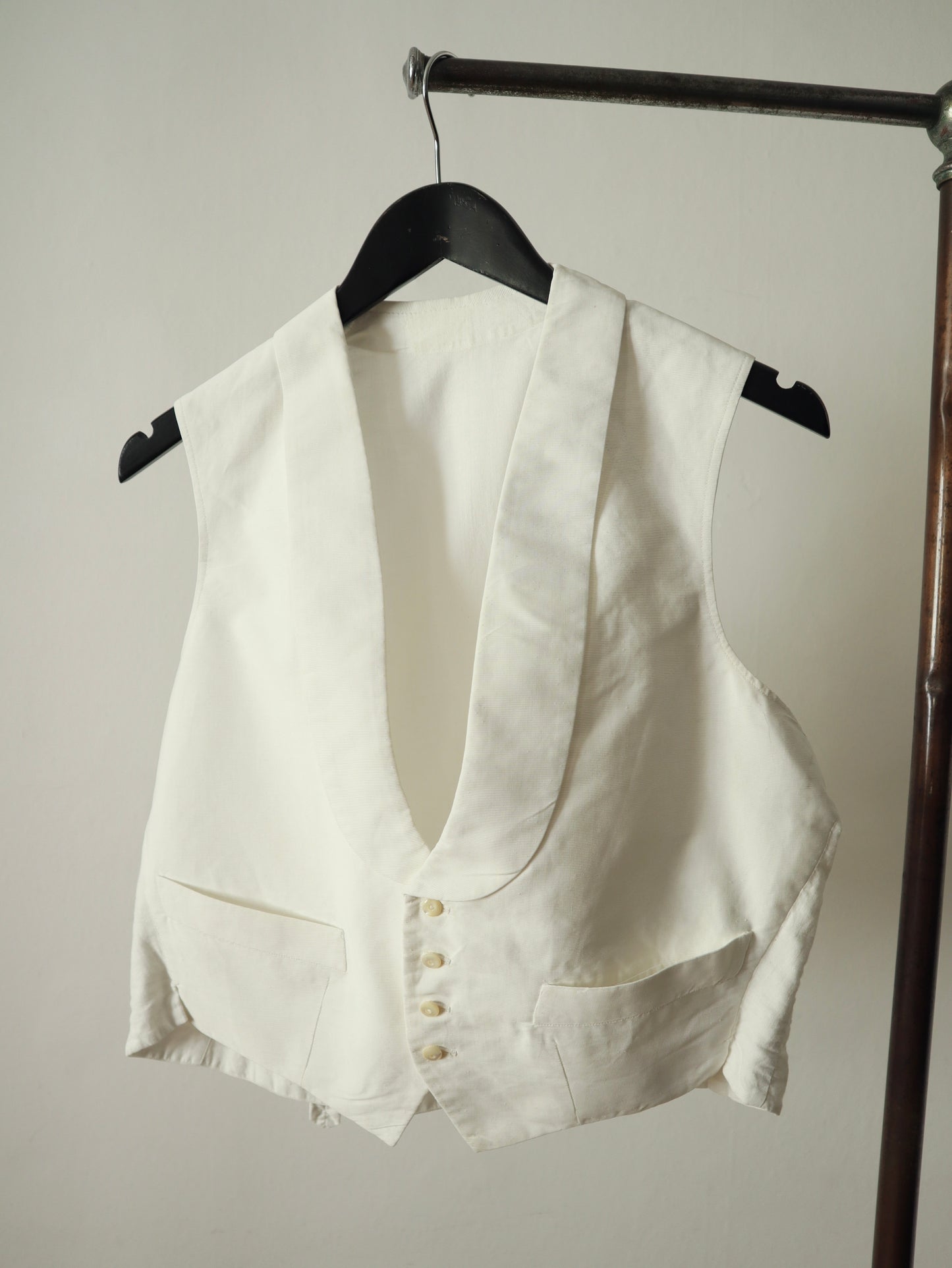 Antique early 1900s French White Cotton Grosgrain Waistcoat Mother of Pearl Buttons Short