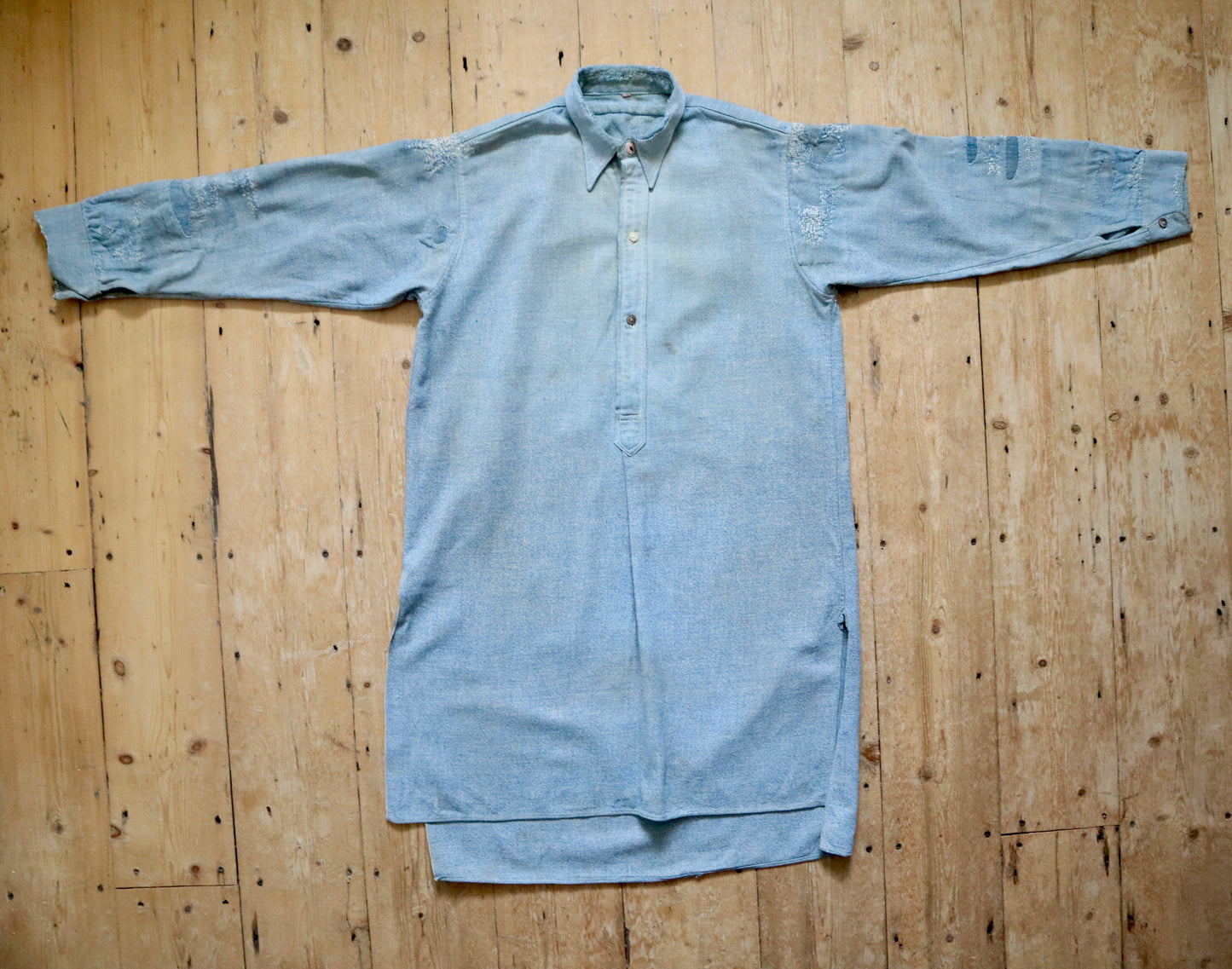 1930s - 40s French Blue Speckled Shirt Workwear Chore Darned Patched Repaired