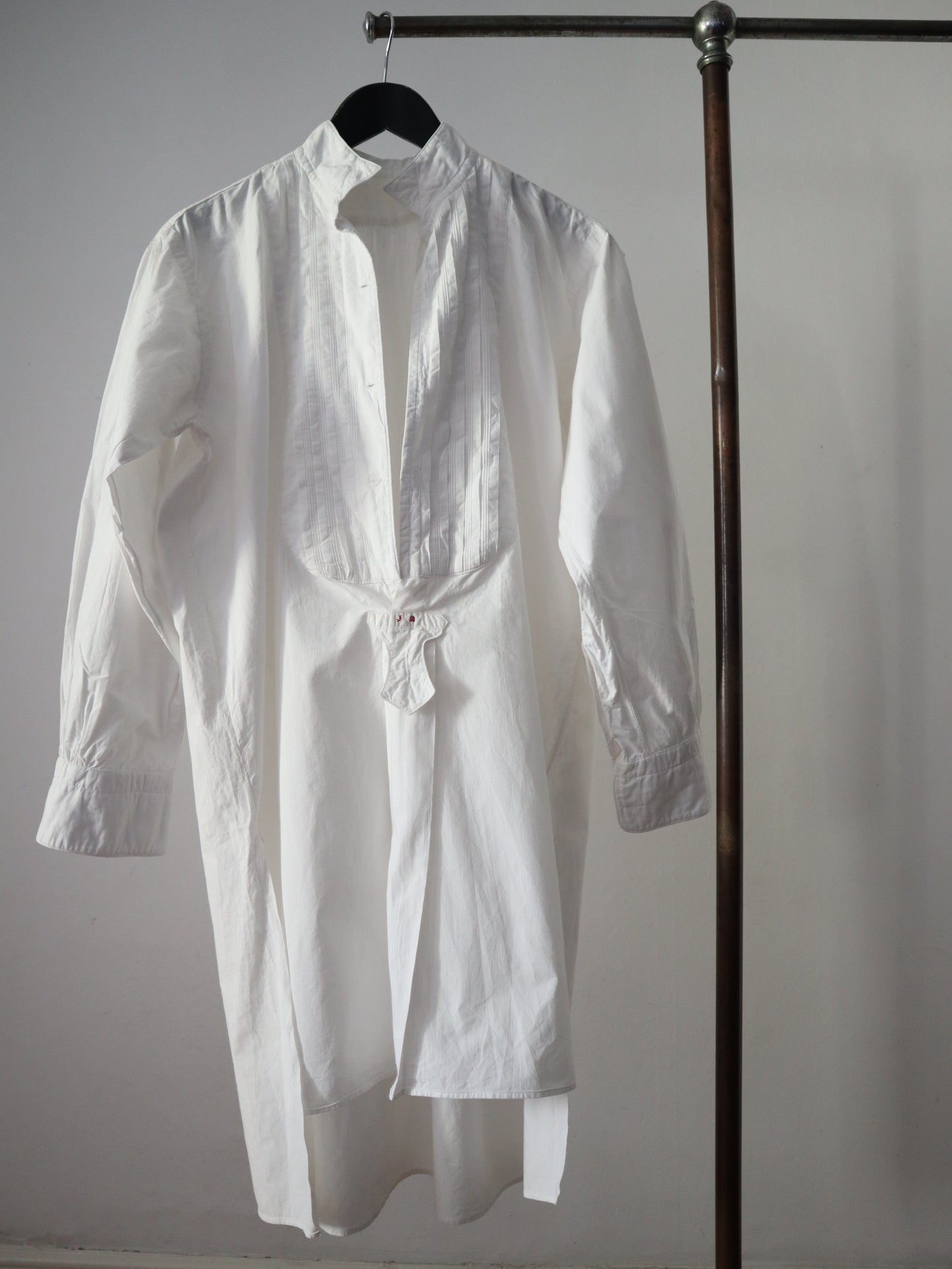 Antique French White Cotton Dress Shirt Long Pleated Bob Monigram JM