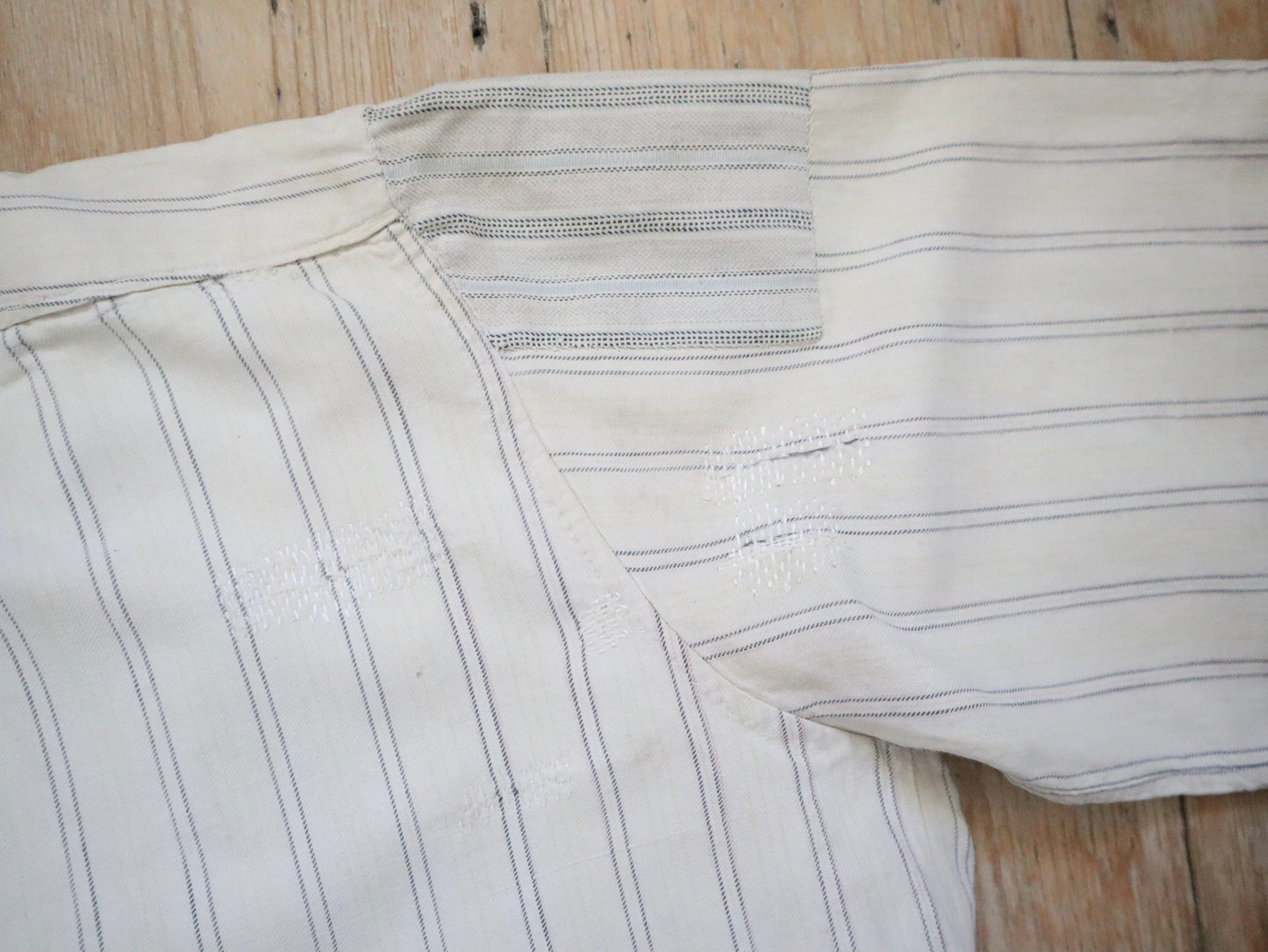 1930s French Workwear Shirt Patched Repaired Stripes Striped