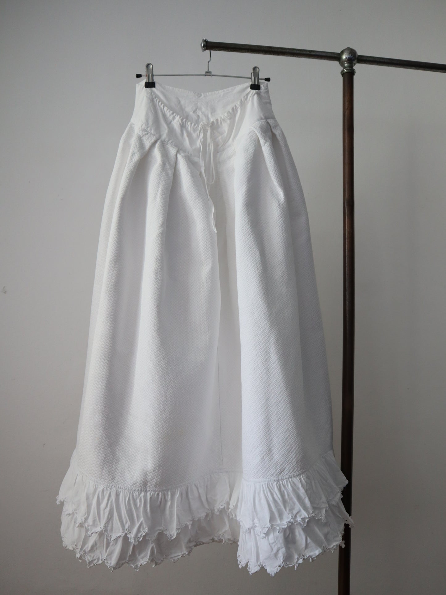 Antique French White Cotton Skirt Petticoat Hem Drawstring Waist