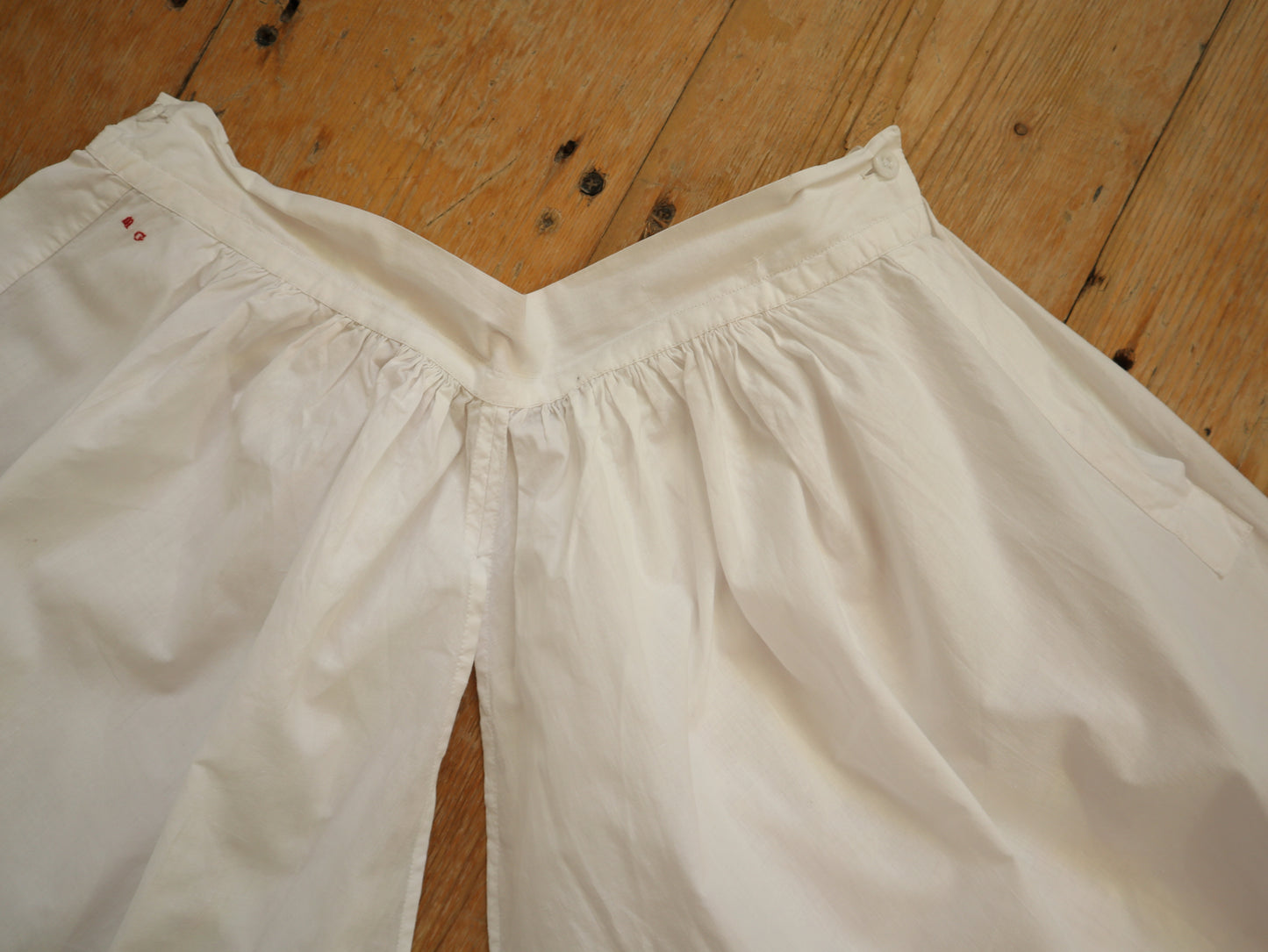 Antique French Bloomers White Cotton Edwardian Crochet Lace Trim Pleats Long early 1900s