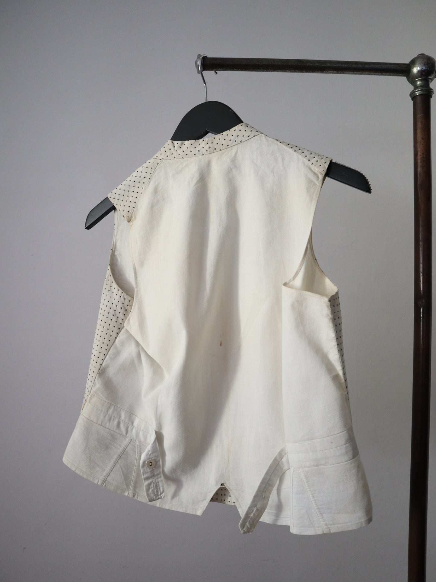 Antique French Cotton Waistcoat White Black Woven Cross Detail