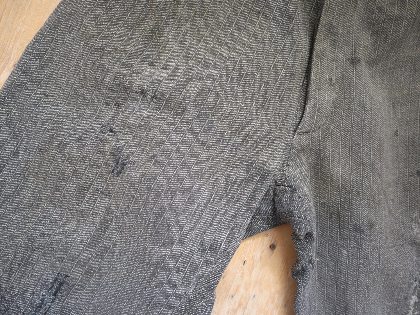 1930s French Grey Stripe Workwear Trousers Cotton Chore Pants Darned Repairs Rust