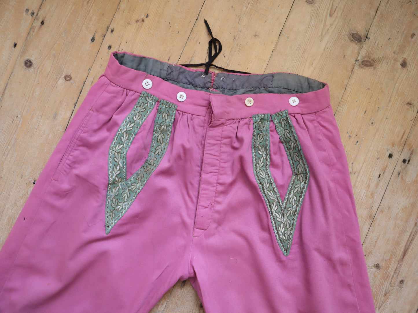 Antique French Theatre Costume Trousers Breeches Pants Pink Wool Metal Thread Embroidered Ribbon Early 1900s