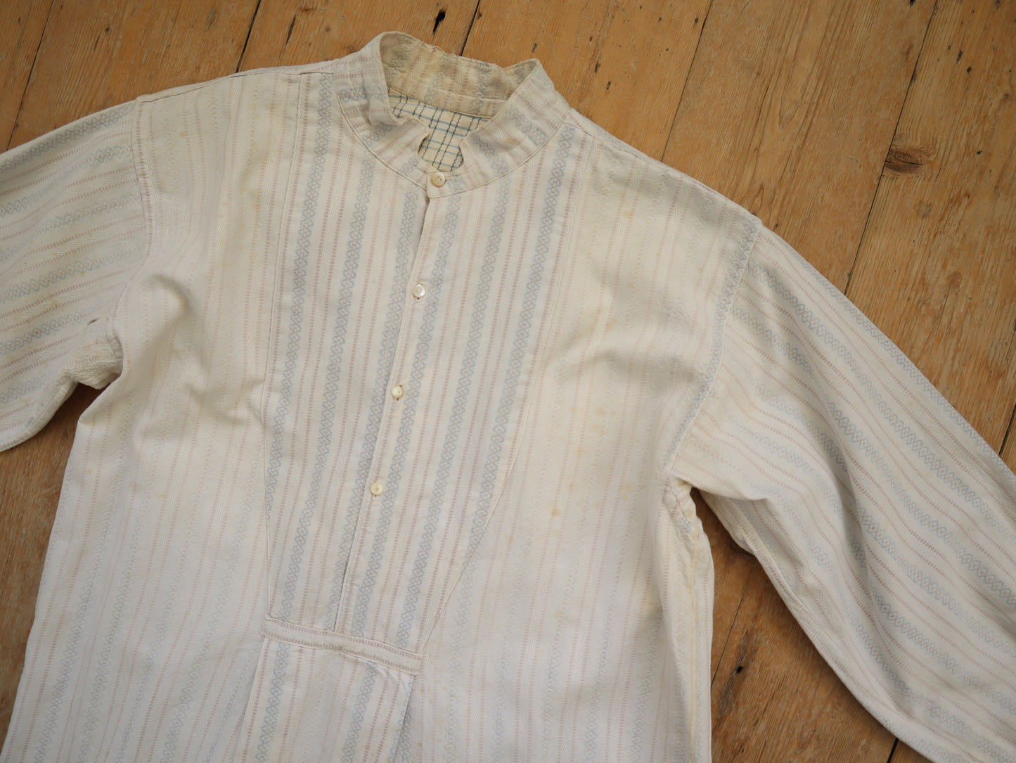 1930s French Cotton Shirt Woven Pattern Blue Pink White Rare