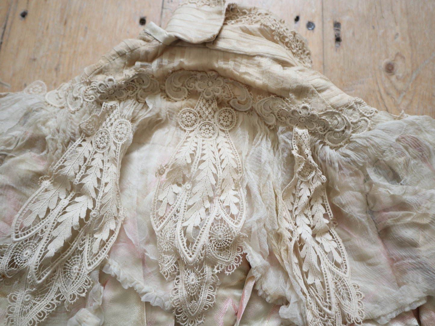 Antique French Silk Bodice Pink Cream Silk Lace Chiffon 1900 Boned