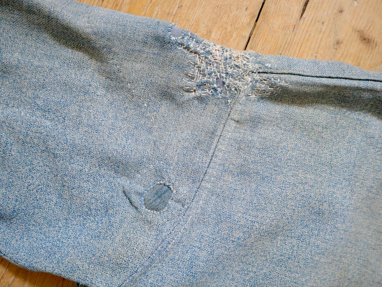 1930s - 40s French Blue Speckled Shirt Workwear Chore Darned Patched Repaired