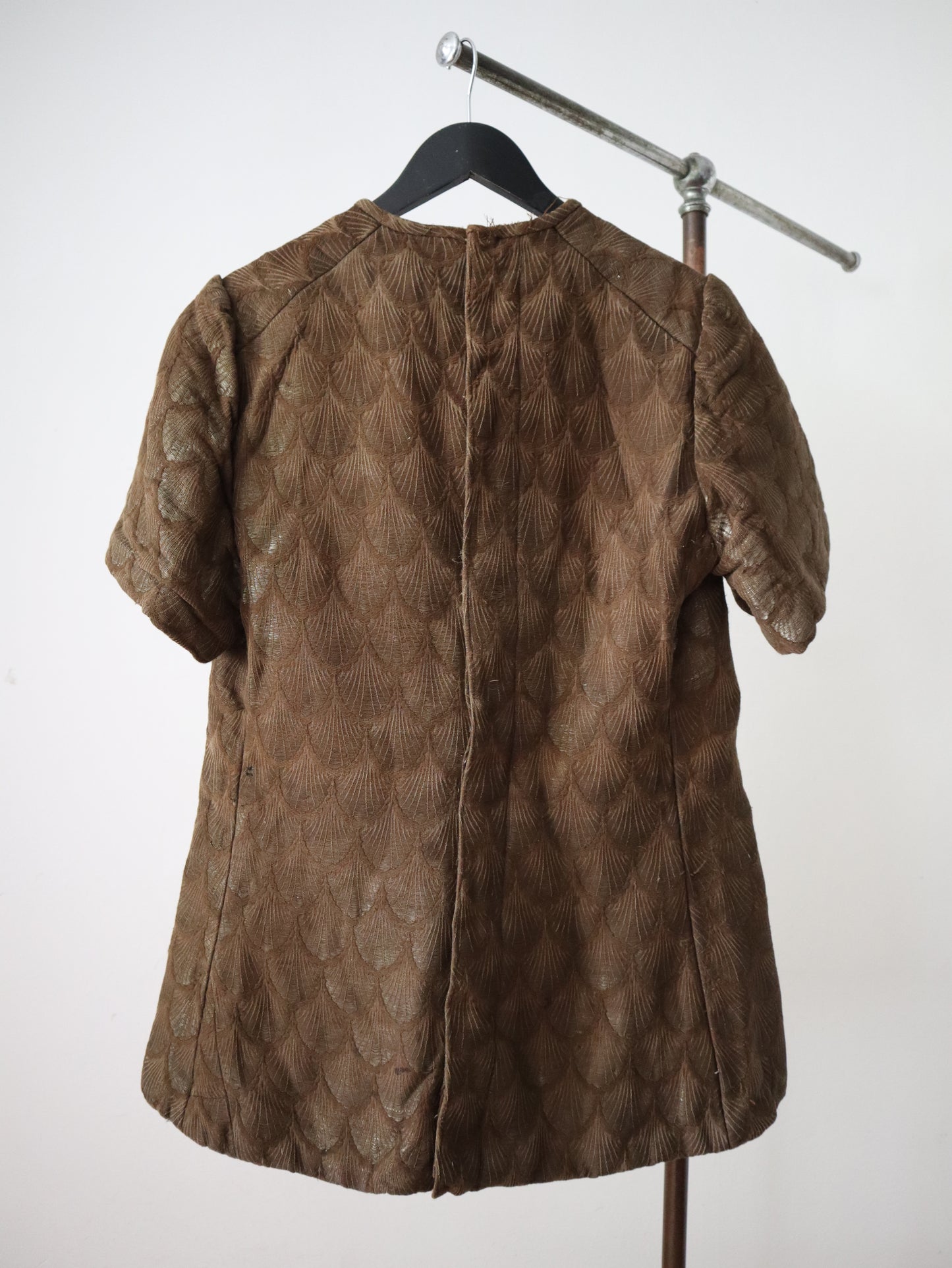 Early 1900s French Theatre Opera Costume Tunic Top Brown gold Metal Thread Scalloped Feathers Scales