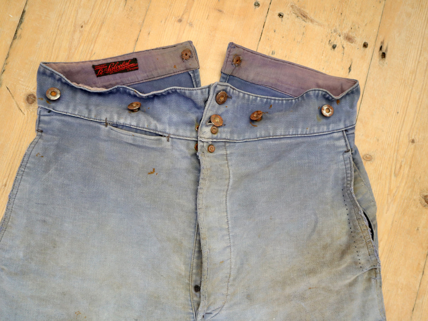 1940s - 50s French Le Salvetal Blue Moleskin Workwear Trousers Pants Repairs Darned High Waist