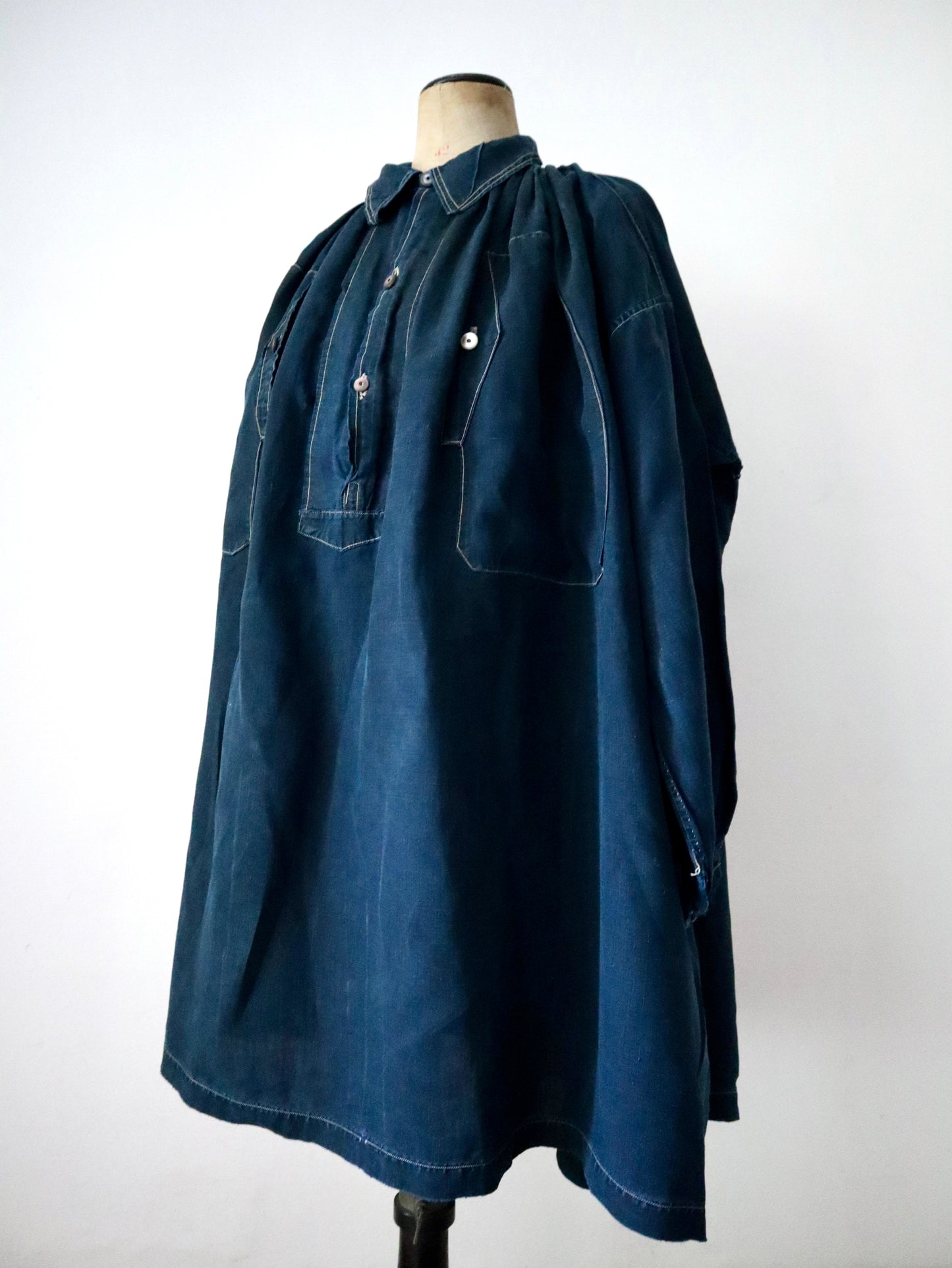 Antique French Indigo Biaude Blue Cattle Farmer Agricultural Workwear Chore Smock