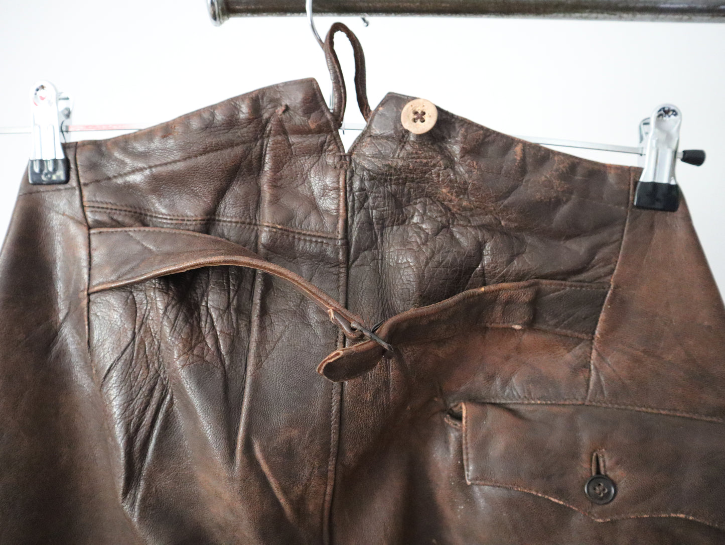 1920s - 30s French Brown Leather Breeches Pilot Trousers Pants High Waist Button Calves