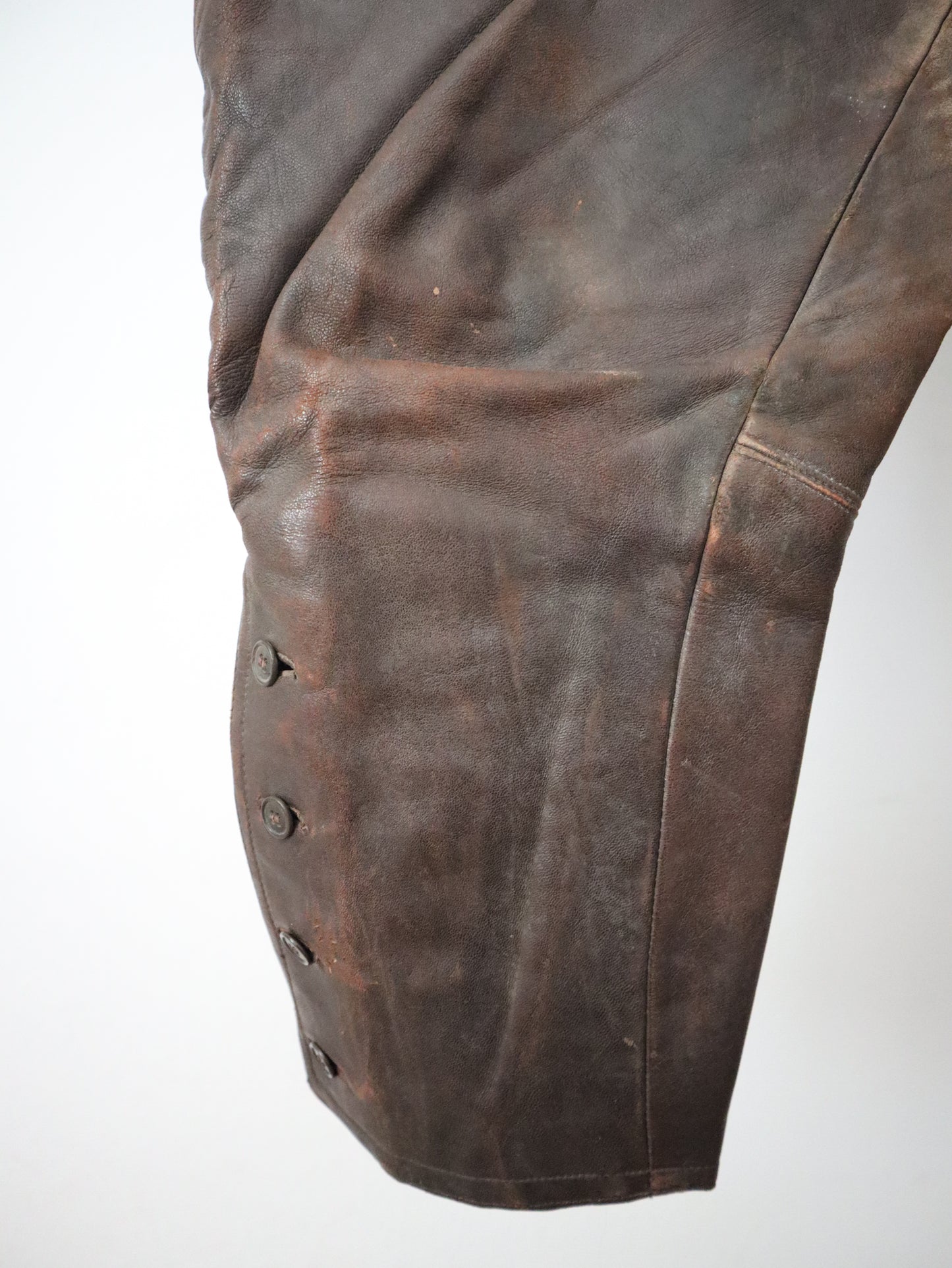 1920s - 30s French Brown Leather Breeches Pilot Trousers Pants High Waist Button Calves