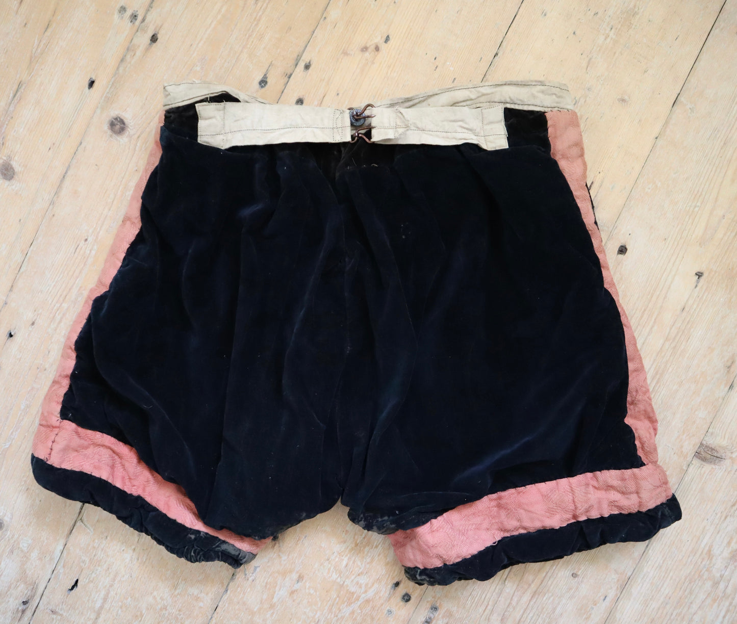 Antique Early 1900s French Theatre Opera Costume Hose Shorts Renaissance Style Tudor Black Velvet Pink Cotton Panels