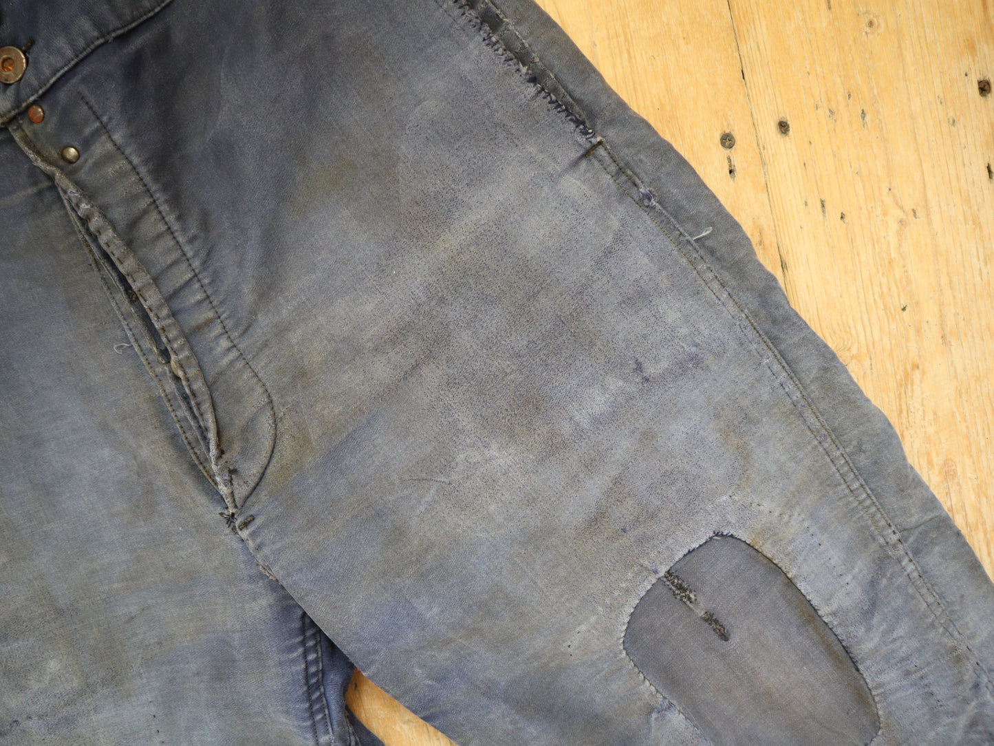 1950s French Le Salvetal Blue Moleskin Workwear Trousers Pants Repairs Darned Patched High Waist