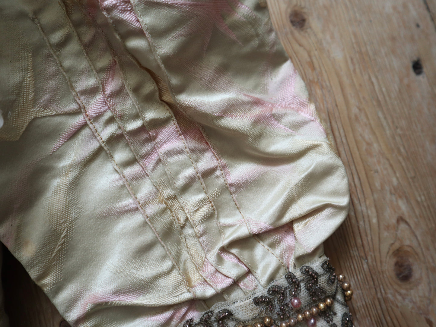 Antique French Silk Bodice Pink Cream Silk Lace Chiffon 1900 Boned