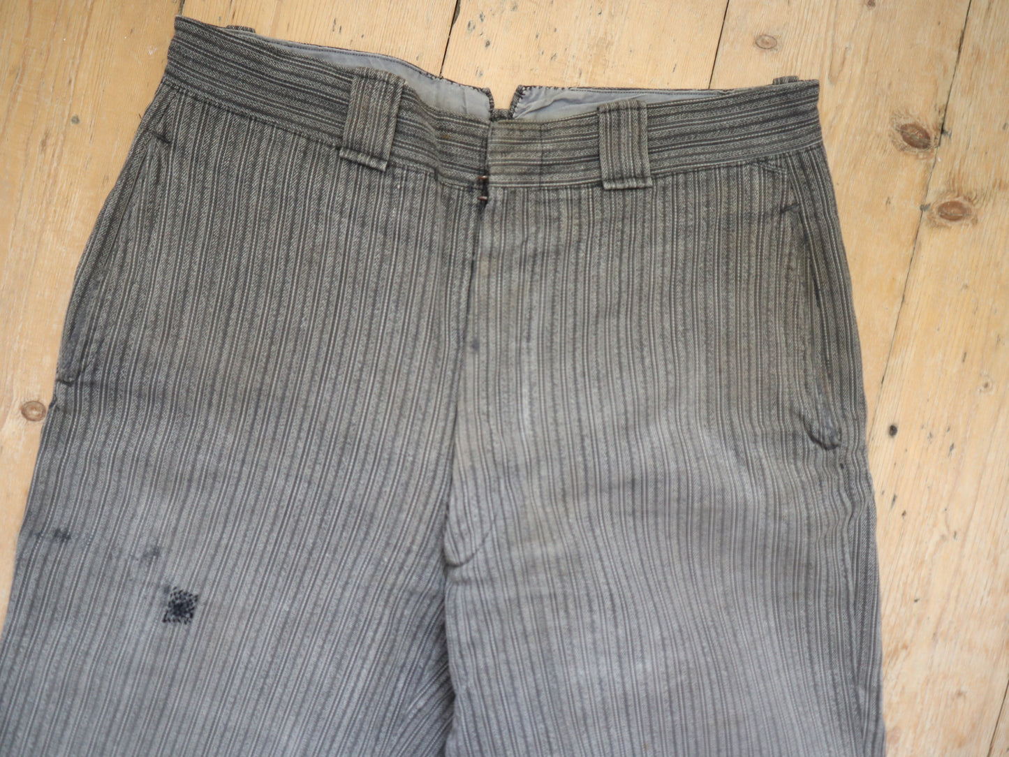 1940s French Workwear Trousers Grey Stripe Salt Pepper Cotton Chore Pants Repairs Darned