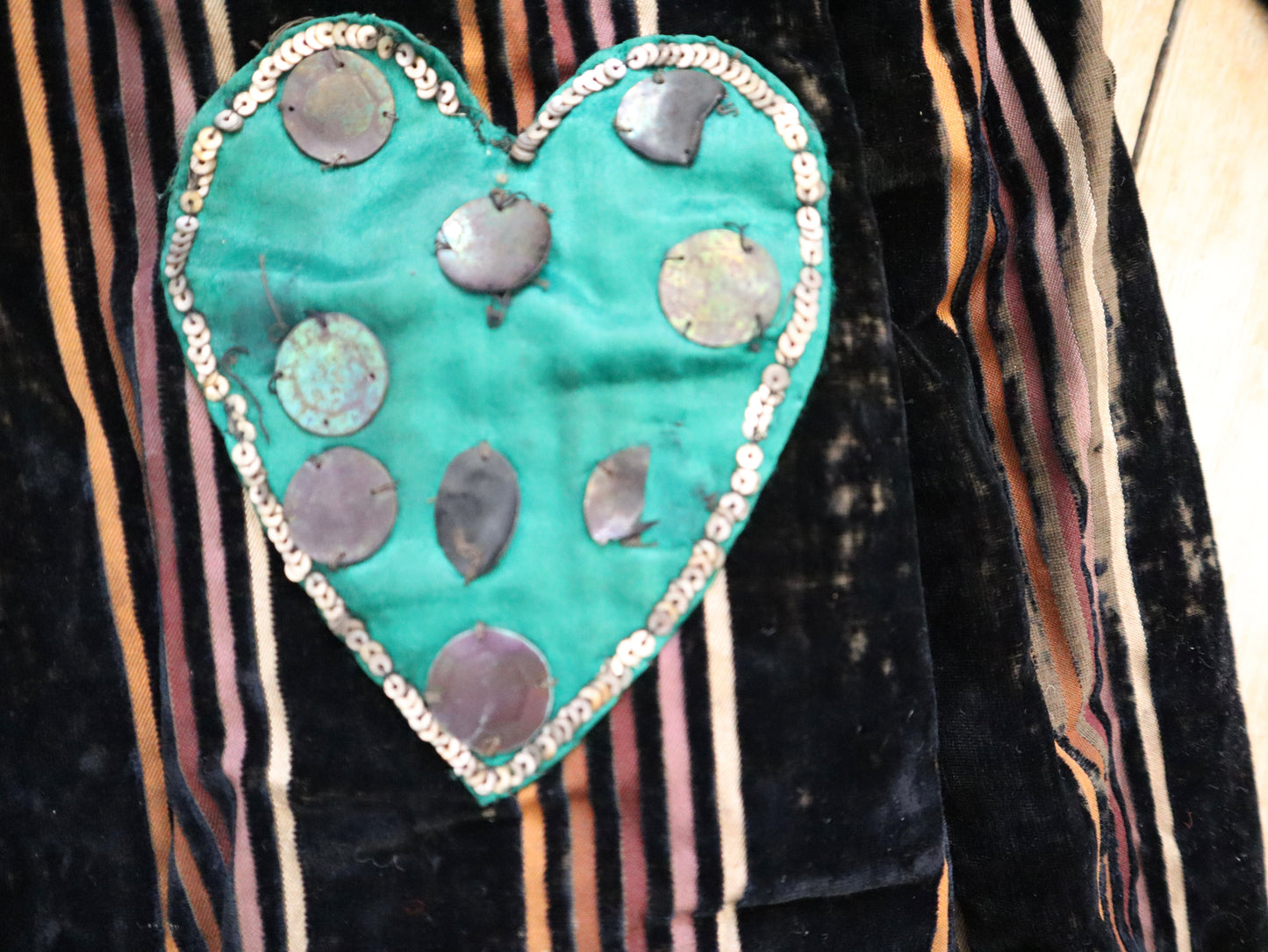 Antique 1910s 20s French Clown Costume Pierrot Brown Striped Silk Velvet Green Silk Appliqué Diamonds Clubs Hearts Spades Sequins Lace