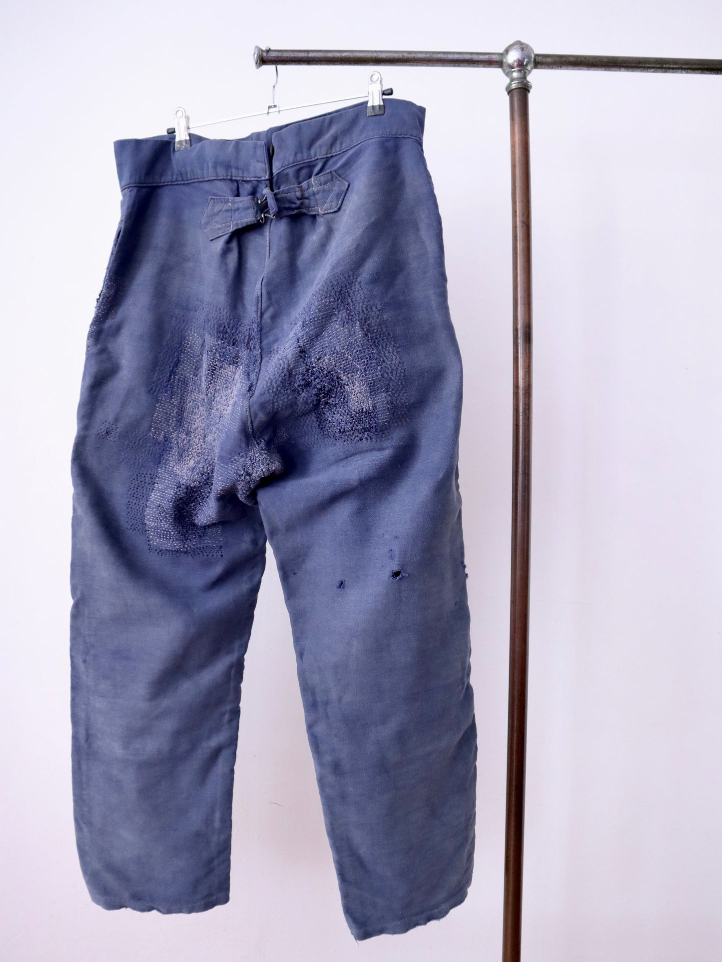 1940s–1950s French Moleskin Workwear Trousers – “Le Parfait” with Patched and Darned Repairs
