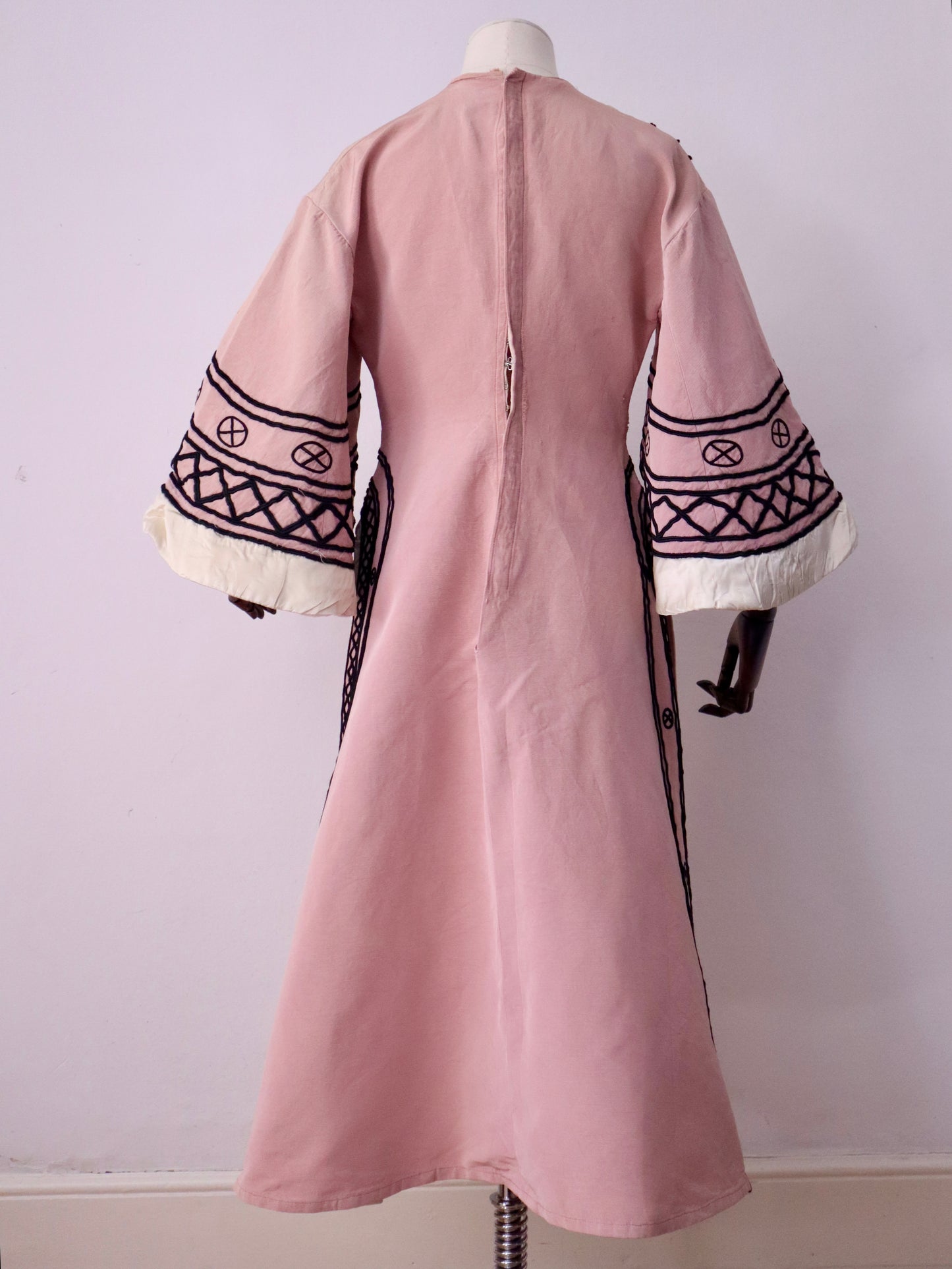 1930s -40s French Opera Tunic Dress by Henri Lebrun – Pink Grosgrain with Black Soutache Trim – Vintage Theatrical Costume
