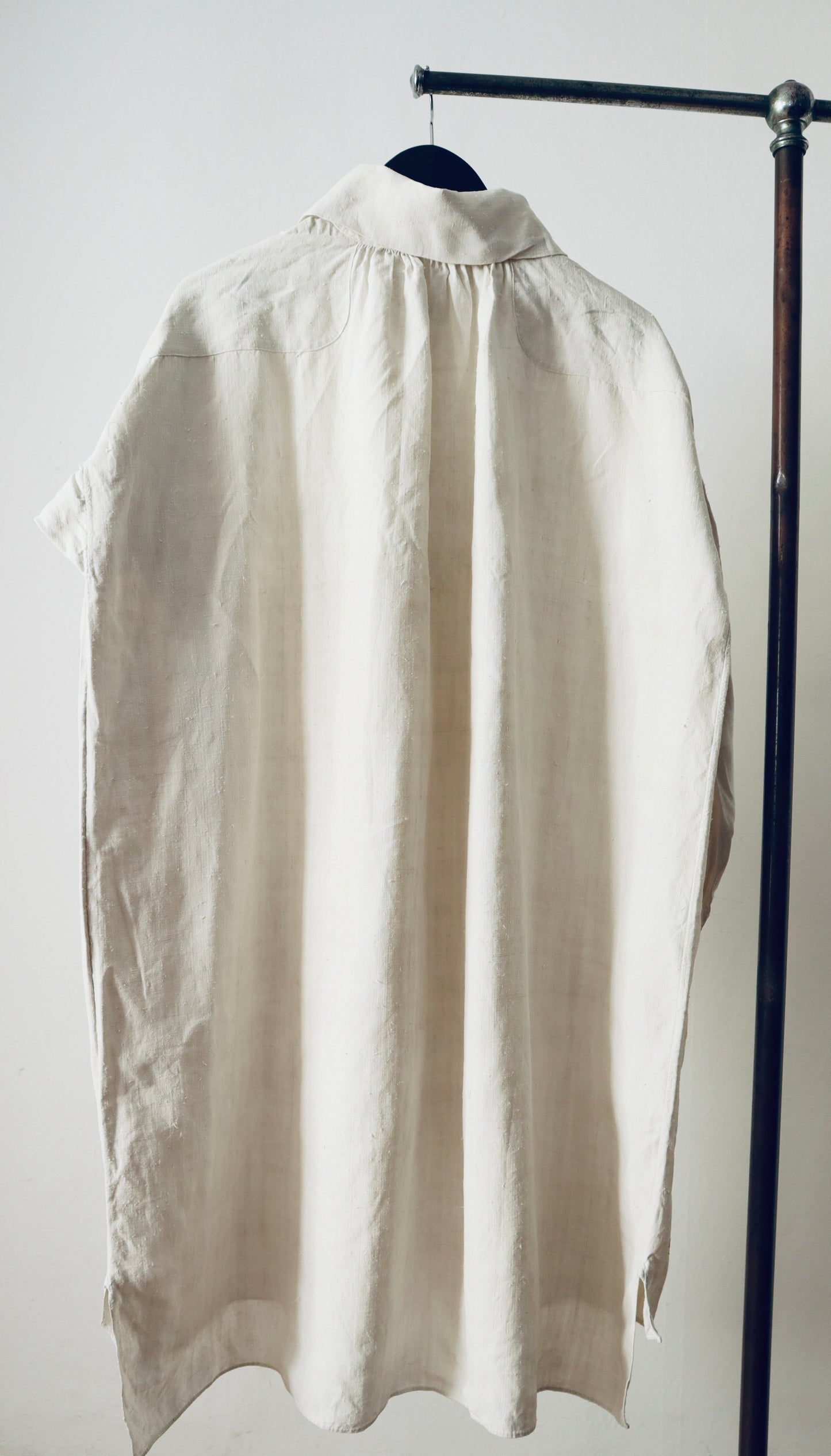 Antique 19th Century French Linen Smock Shirt Long Drop Shoulders Wide Collar Bone Buttons