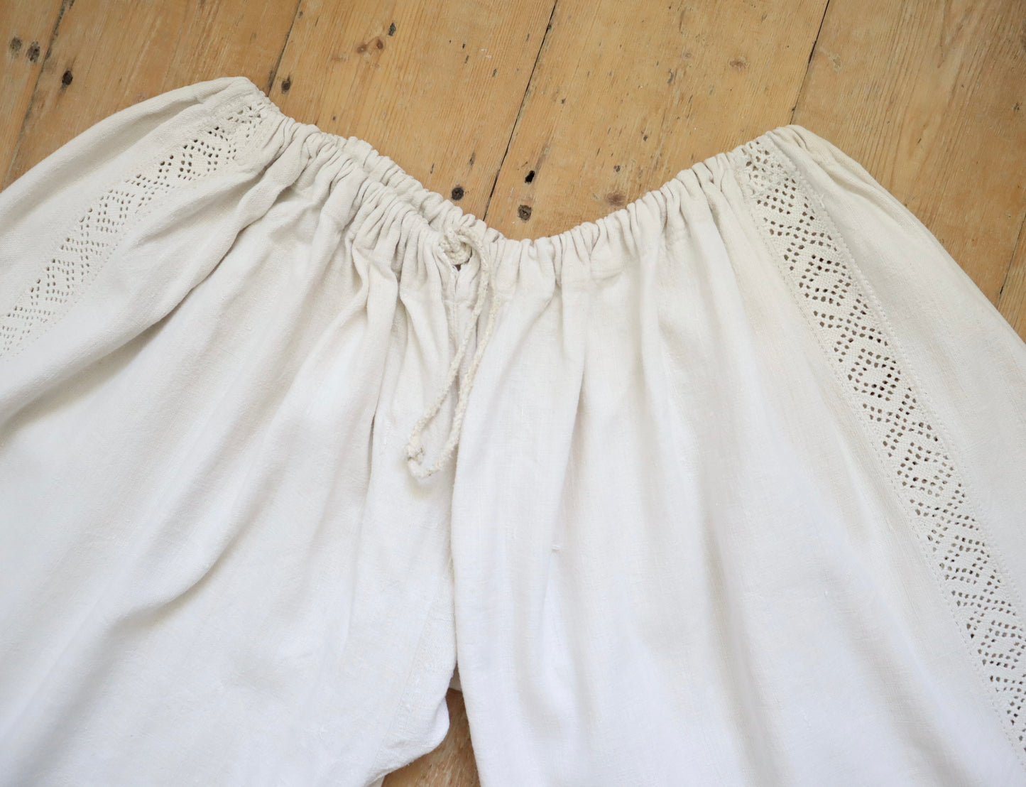 C.1930s Transylvanian Linen Folk Trousers Crochet Inserts Pants Cropped Wide