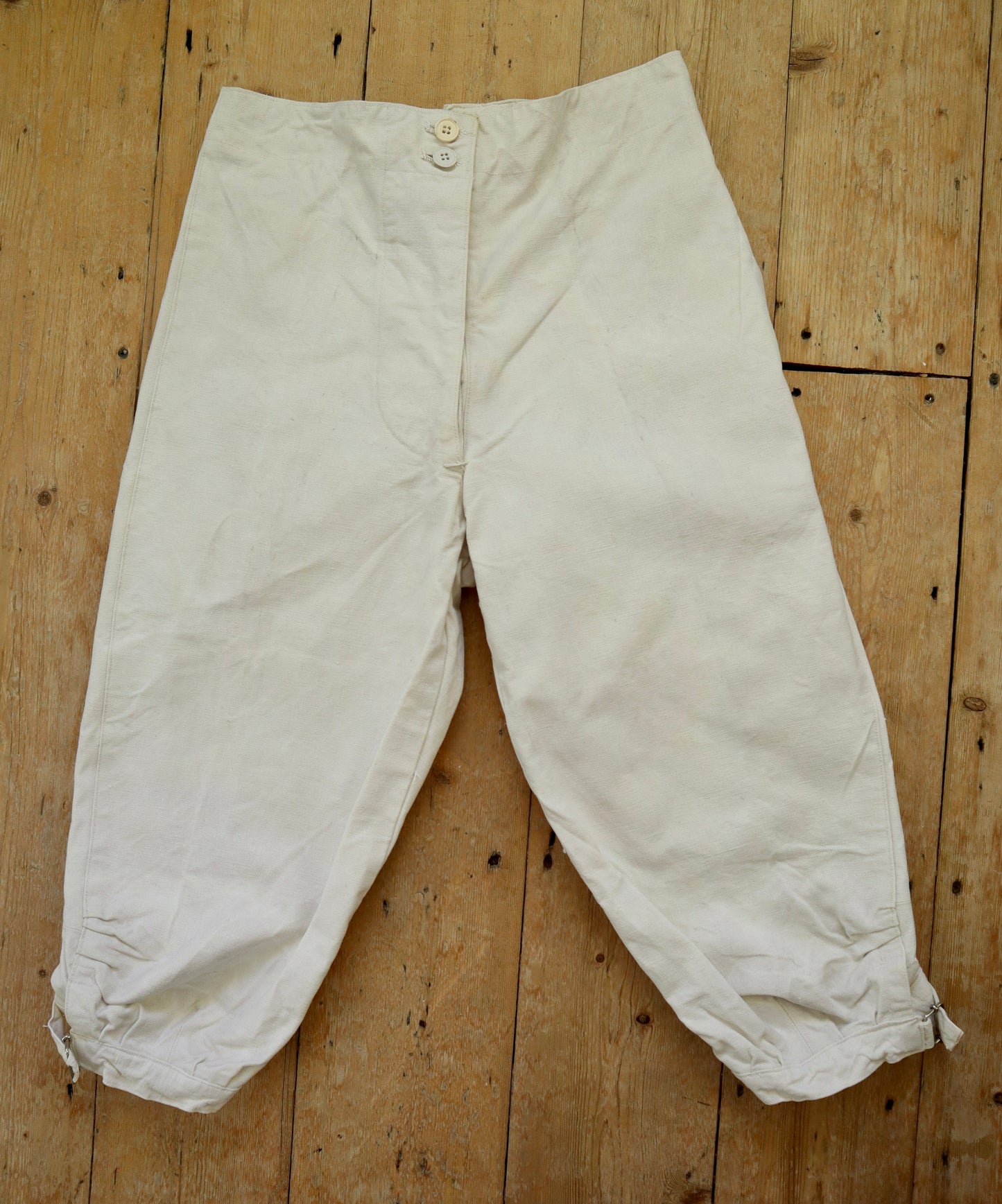 1920s French White Cotton Canvas Breeches Buckle Back Bone Buttons