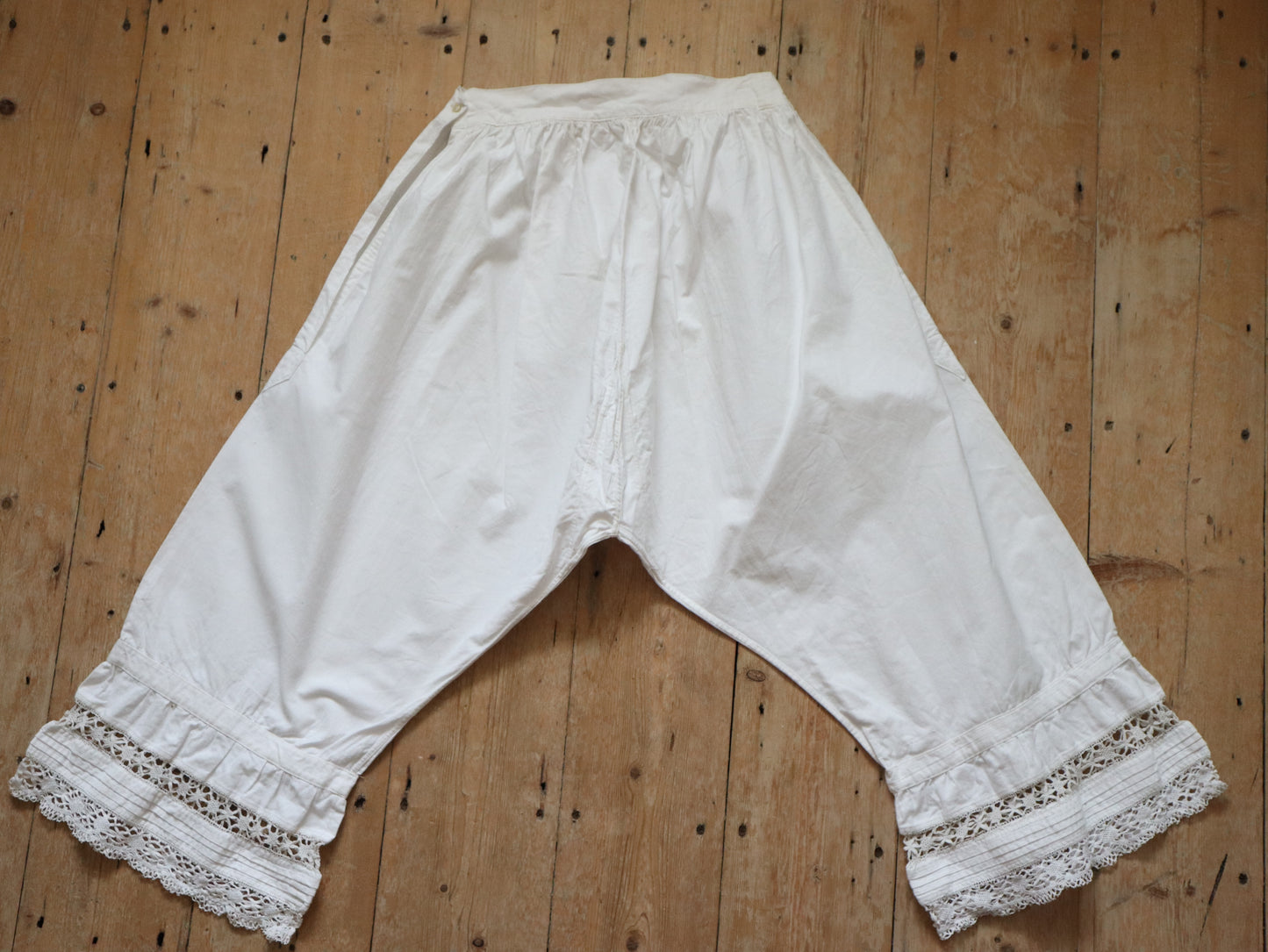 Antique French White Cotton Bloomers Knickers Shorts Crochet Long Early 1900s