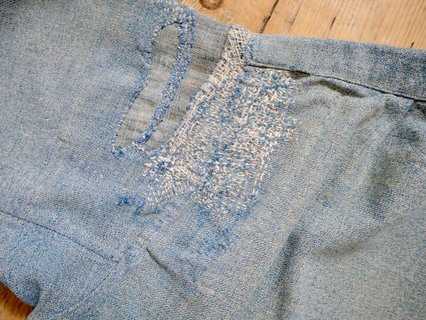 1930s - 40s French Blue Speckled Shirt Workwear Chore Darned Patched Repaired