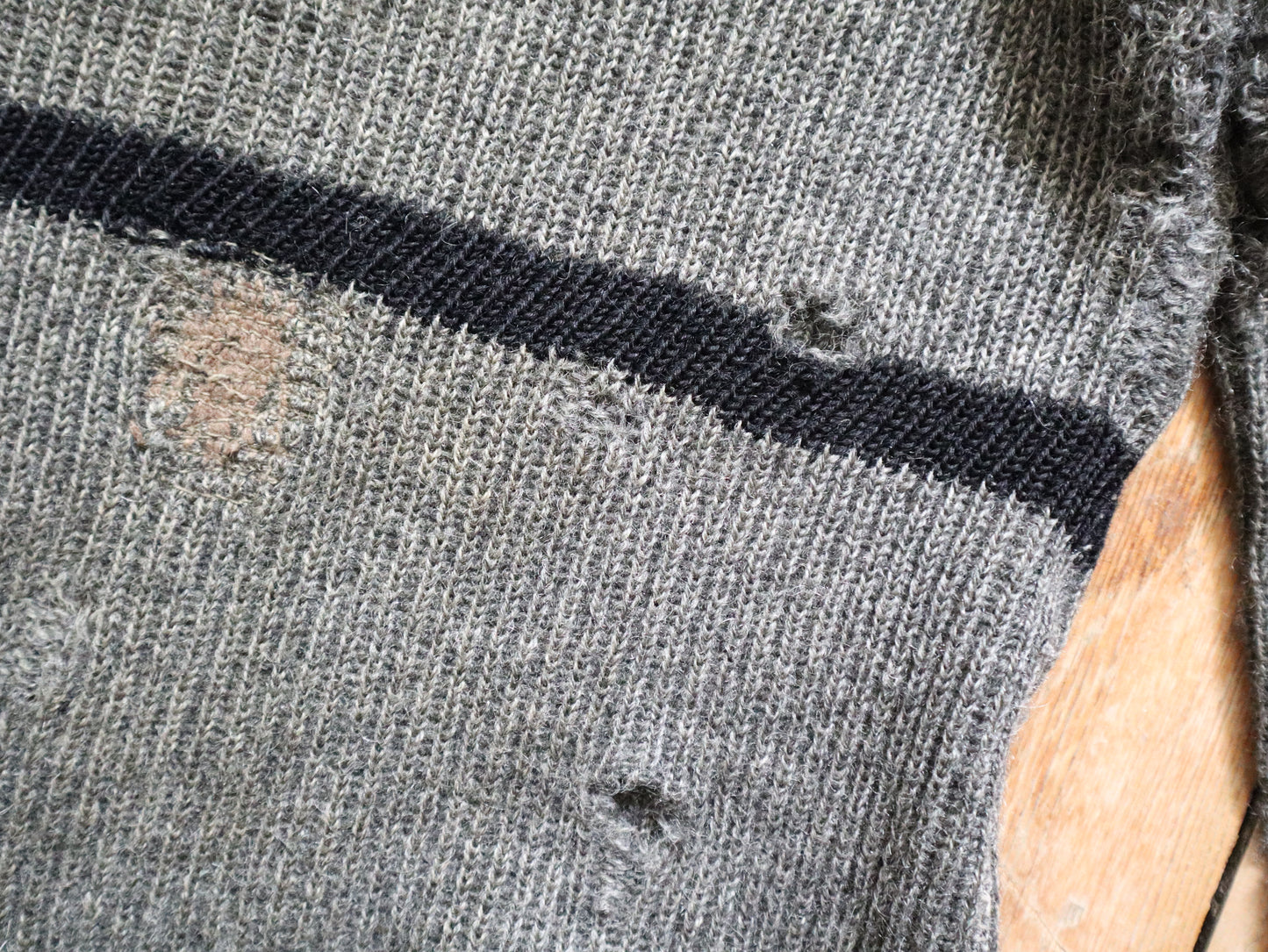 1930s Swedish Knit Jumper Grey Black Stripe Wrecked Holes Repairs