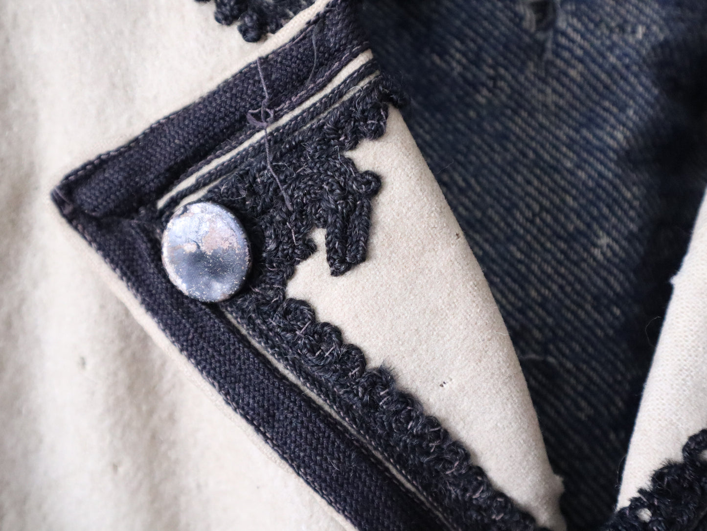 1930s Transylvanian Folk Jacket – Cream Wool with Black Soutache Embroidery – Indigo Cotton Twill Lining – Traditional Vintage Coat